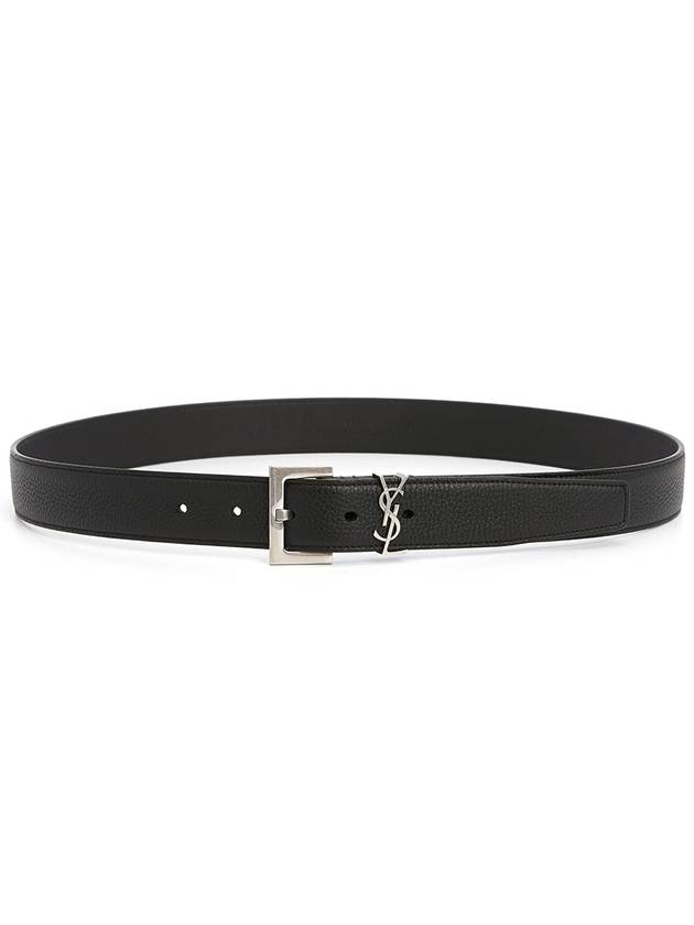 Grained Leather Silver Monogram Belt Black - SAINT LAURENT - BALAAN 3