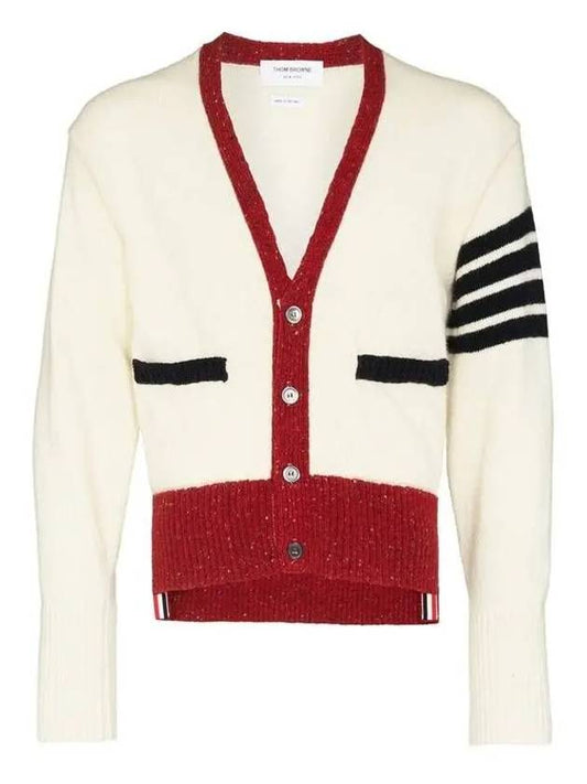 Men's Jersey Stitch Mohair Tweed 4 Lines V-Neck Cardigan White - THOM BROWNE - BALAAN 2