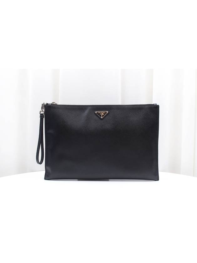 Saffiano leather triangle logo strap clutch black 2NH001 - PRADA - BALAAN 1