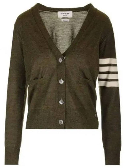 Sustainable Fine Merino Wool 4-Bar Relaxed Fit V-Neck Cardigan Dark Green - THOM BROWNE - BALAAN 2