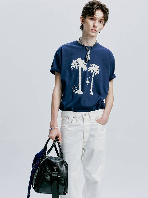 Palm tree eyelet chain embroidery t shirt navy - S SY - BALAAN 5