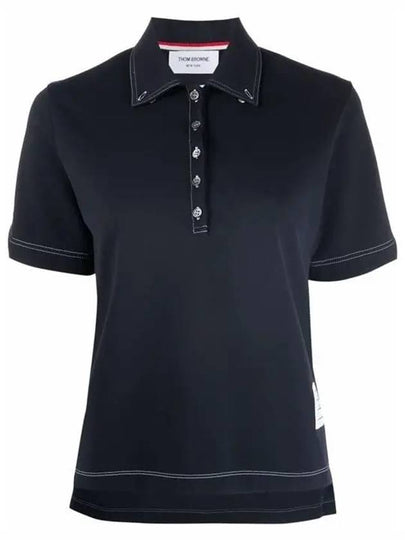 Women's Wool Tech Milano Contrast Stitch Short Sleeve Polo Shirt Navy - THOM BROWNE - BALAAN 2