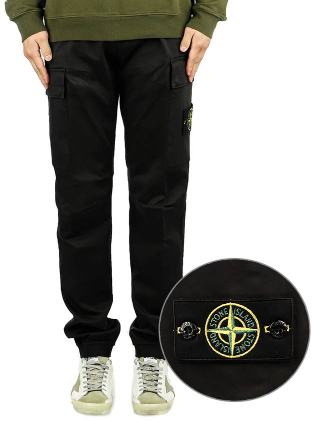 Garment Dyed Cotton Wool Satin Cargo Track Pants Black - STONE ISLAND - BALAAN 2