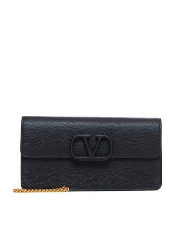 V Logo Signature Chain Grained Calfskin Long Wallet Black - VALENTINO - BALAAN 1