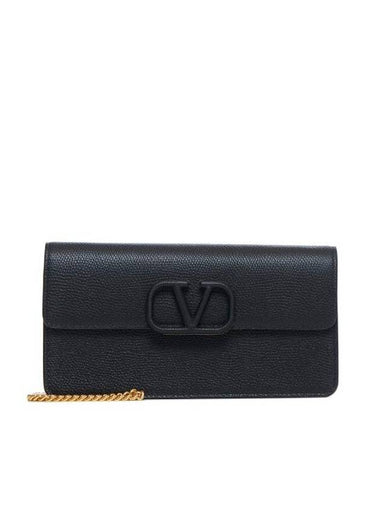 V Logo Signature Chain Grained Calfskin Long Wallet Black - VALENTINO - BALAAN 1