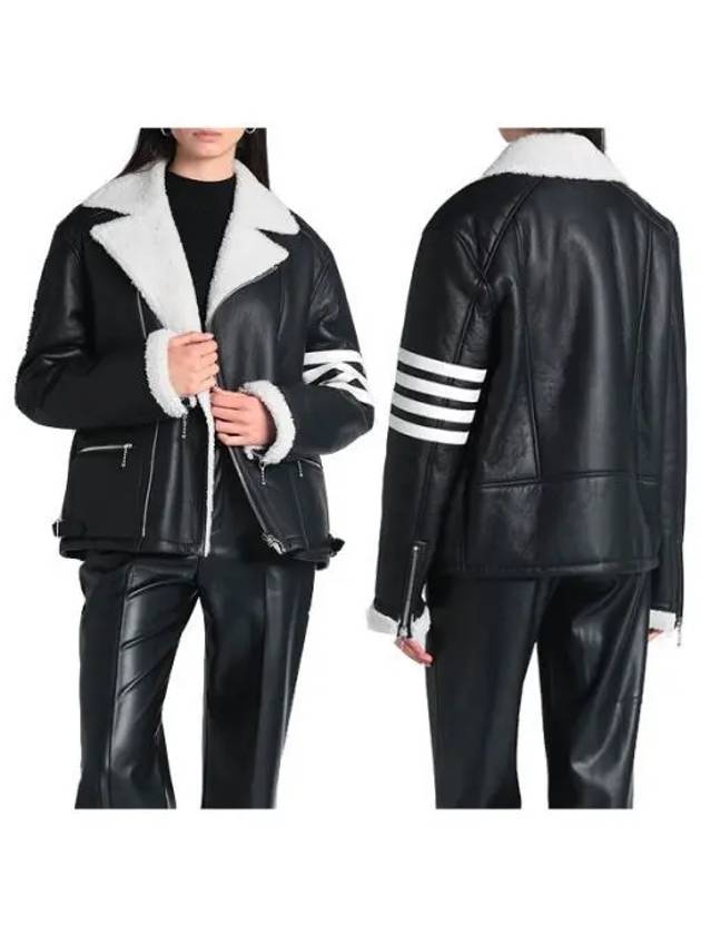 Reverse Shearling Perfec 4 Bar Leather Biker Jacket Black - THOM BROWNE - BALAAN 2