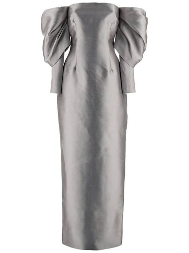 'Laylah' Grey Off-Shoulder Long Dress With Rear Single Slit In Tech Fabric Woman - SOLACE LONDON - BALAAN 1