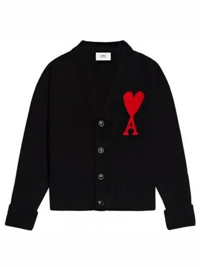 Intarsia Big Heart Logo Oversized Virgin Wool Cardigan Black - AMI - BALAAN 2