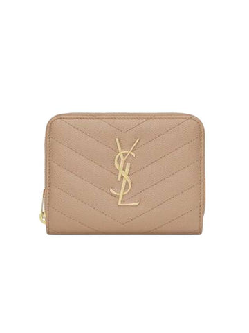 Monogram Zipper Grained Leather Half Wallet Beige - SAINT LAURENT - BALAAN 1