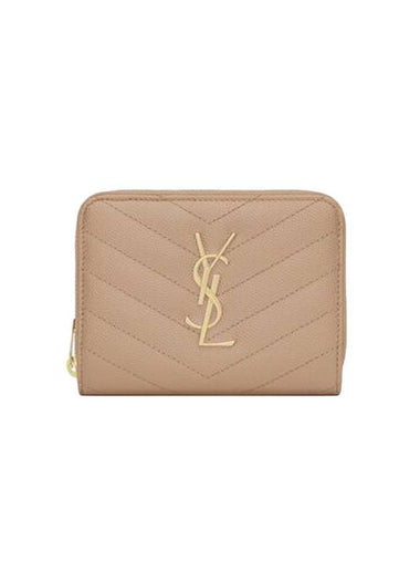 Monogram Zipper Grained Leather Half Wallet Beige - SAINT LAURENT - BALAAN 1