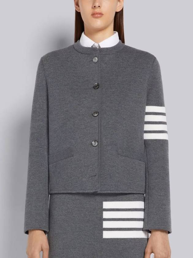 Double Face Fine Merino Crew Neck Jacket Cardigan Gray - THOM BROWNE - BALAAN 5