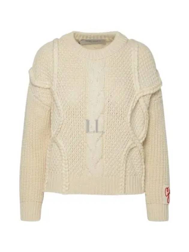 Crew Neck Golden Wool Cable Knit Top Ivory - GOLDEN GOOSE - BALAAN 2