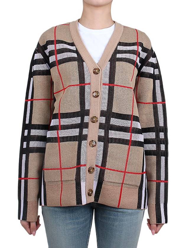 V-Neck Checked Technical Cotton Cardigan Archive Beige - BURBERRY - BALAAN 2