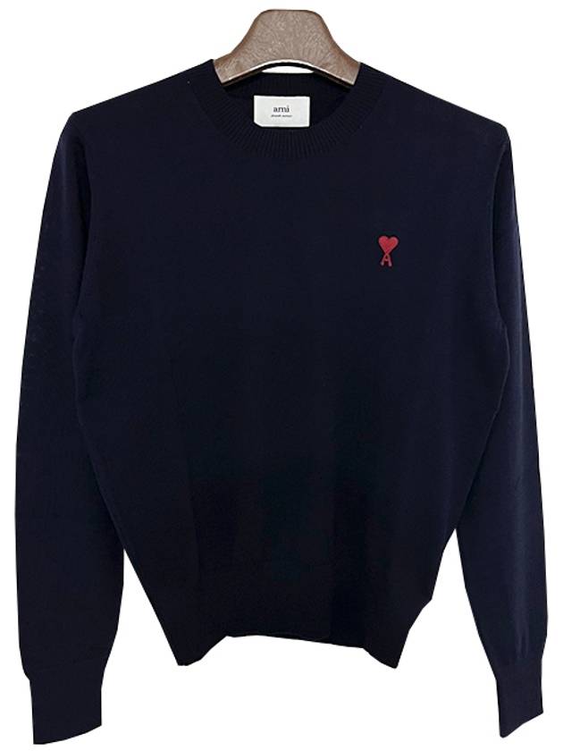 Heart Embroidered Logo Crew Neck Knit Top Navy - AMI - BALAAN 3