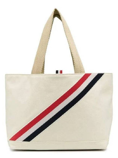 Diagonal Stripe Small Cotton Canvas Tote Bag White - THOM BROWNE - BALAAN 1