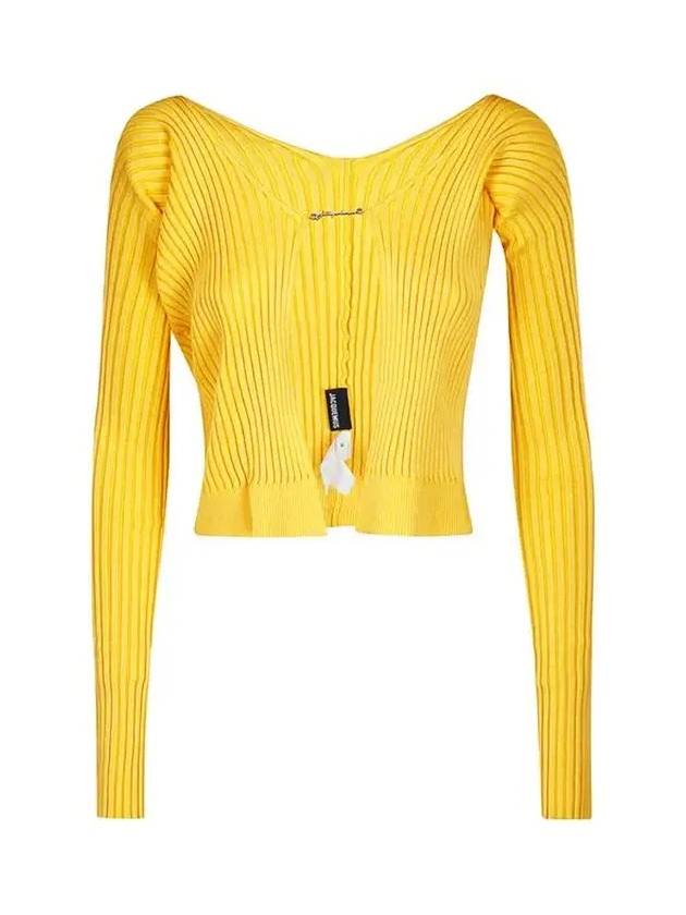 La Maille Pralu Longue Micro Charm Logo Cardigan Light Yellow - JACQUEMUS - BALAAN 3