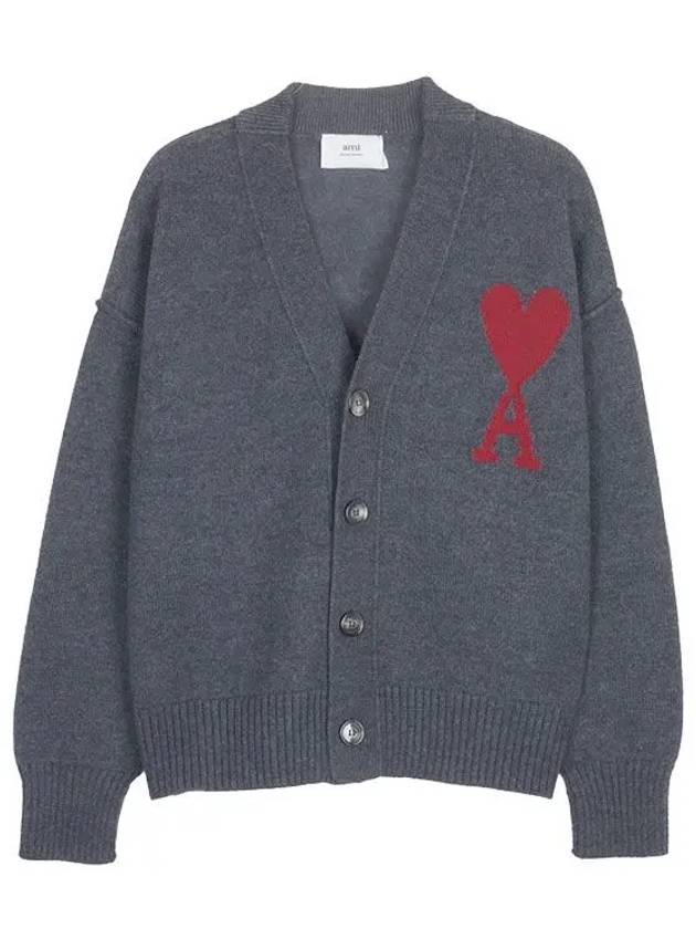 Heart Logo V Neck Wool Cardigan Heather Grey - AMI - BALAAN 2