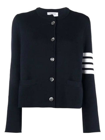 Double face fine merino crewneck jacket cardigan navy - THOM BROWNE - BALAAN 1