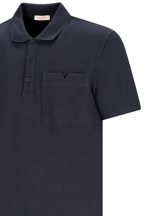 Topstitch V Detail Cotton Pique Polo Shirt Navy - VALENTINO - BALAAN 4