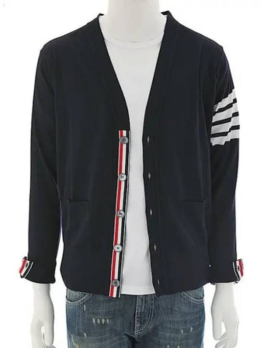 Men's Classic V-neck Merino Wool Cardigan Navy - THOM BROWNE - BALAAN 2