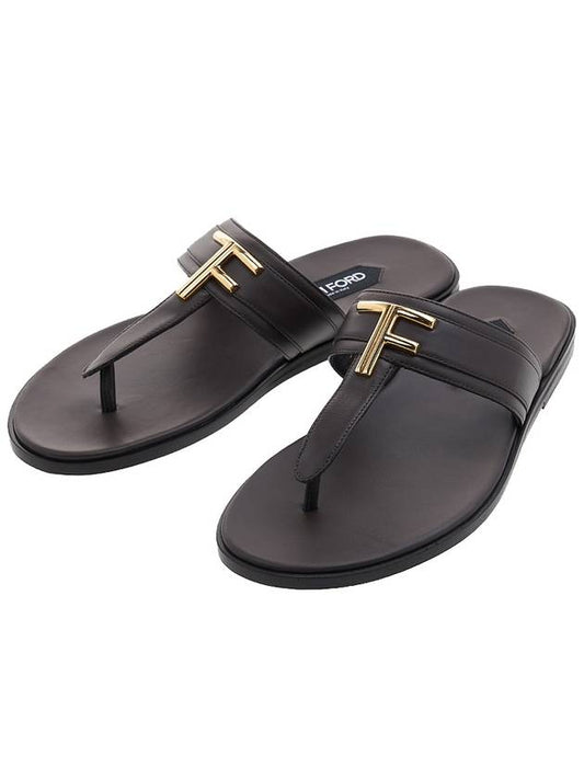 TF logo decorated leather flip flops brown - TOM FORD - BALAAN.