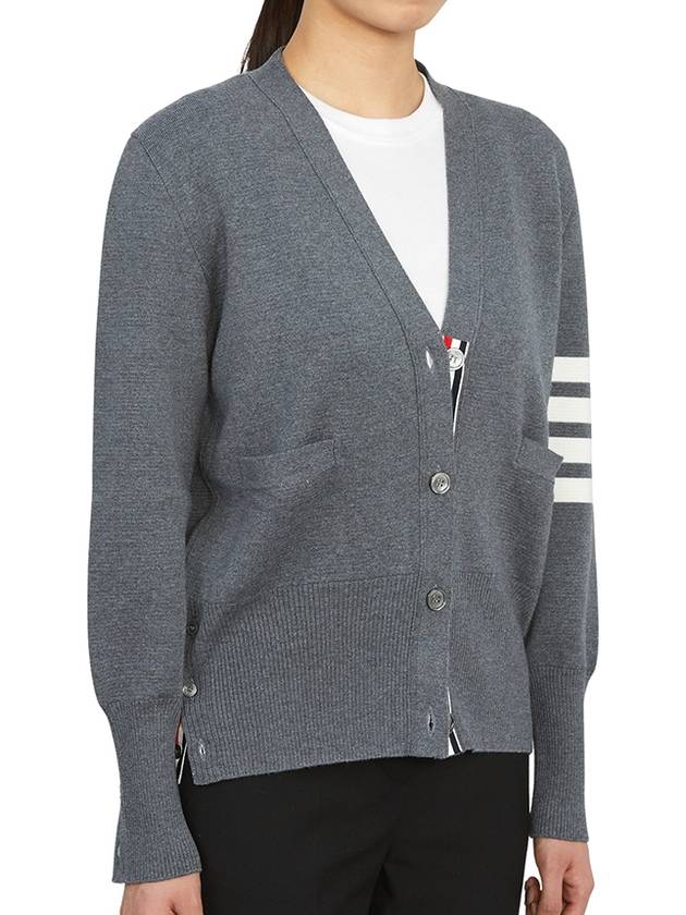 Milano Stitch 4 Bar Classic V Neck Fine Merino Wool Cardigan Medium Grey - THOM BROWNE - BALAAN 5