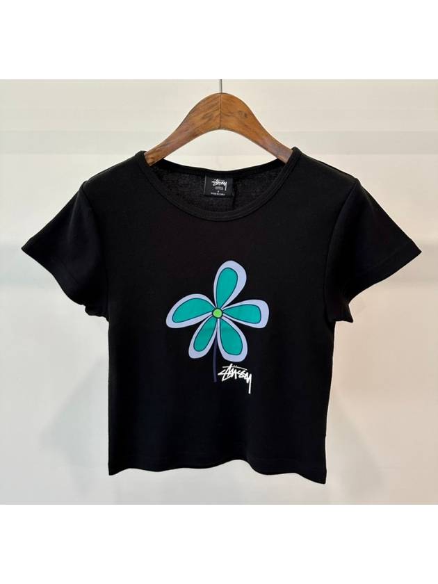 Women's Flower Rib Crop Short Sleeve T-Shirt Black - STUSSY - BALAAN 7