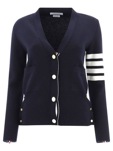 Milano Stitch 4 Bar Classic V Neck Fine Merino Wool Cardigan Navy - THOM BROWNE - BALAAN.