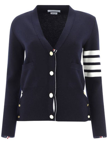 Milano Stitch 4 Bar Classic V Neck Fine Merino Wool Cardigan Navy - THOM BROWNE - BALAAN 1