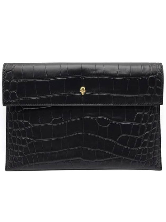 Gold Skull Envelope Crocodile Leather Clutch Bag Black - ALEXANDER MCQUEEN - BALAAN.