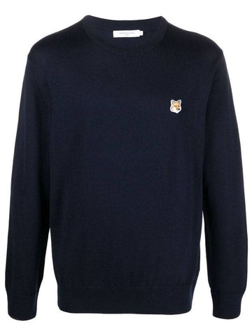 Fox Head Patch Regular Round Neck Pullover Knit Top Navy - MAISON KITSUNE - BALAAN.