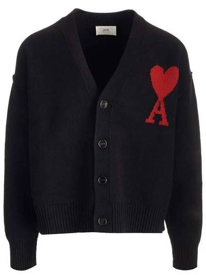 Heart Logo V Neck Wool Cardigan Black - AMI - BALAAN 2