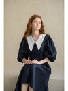 Puff sleeve wide collar A line long dress navy - CAHIERS - BALAAN 5