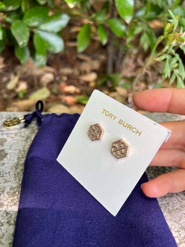 Rose Gold Plated Hexagon Logo Stud Earrings - TORY BURCH - BALAAN 3