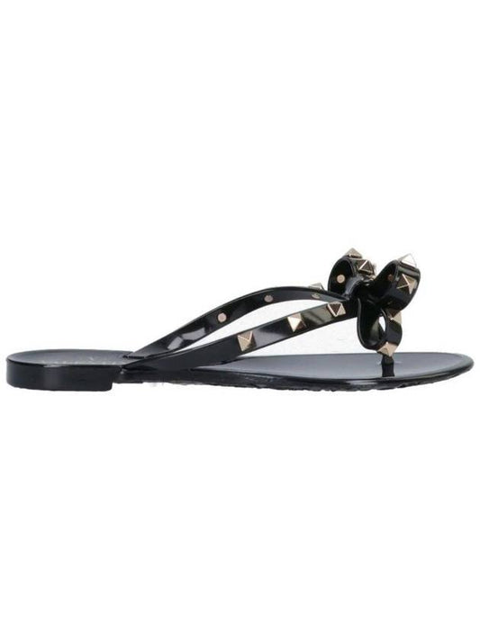 Women's Rockstud Ribbon Flip Flops Black - VALENTINO - BALAAN.