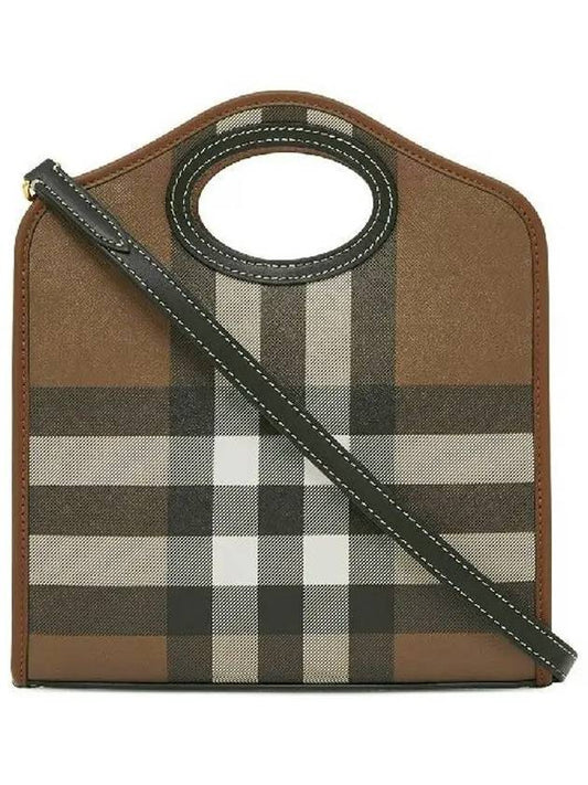 Mini Pocket Checked Leather Tote Bag Dark Burch Brown - BURBERRY - BALAAN 2