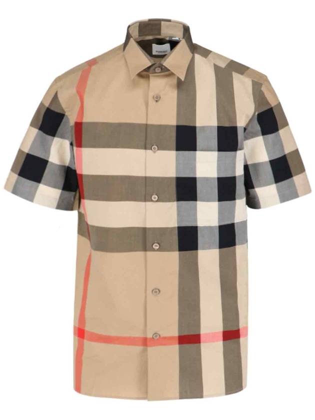 Men's Check Motif Cotton Short Sleeve Shirt Beige - BURBERRY - BALAAN 2