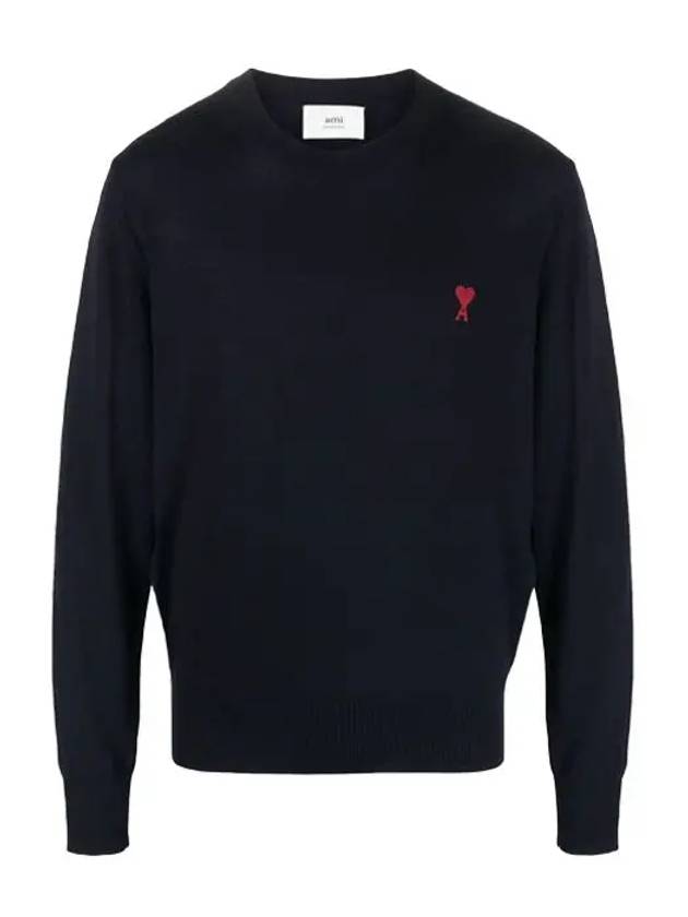 Heart Embroidered Logo Crew Neck Knit Top Navy - AMI - BALAAN 2