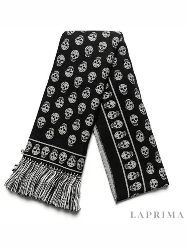 Skull Pattern Fringe Muffler Black - ALEXANDER MCQUEEN - BALAAN.