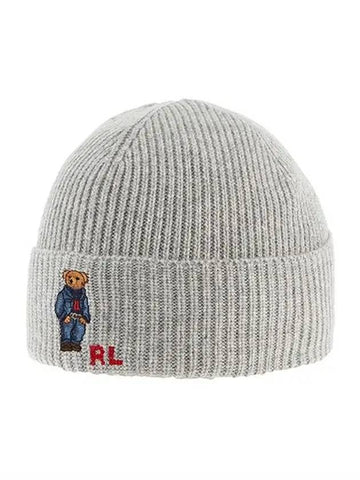 Embroidered Denim Bear Wool Beanie Grey - POLO RALPH LAUREN - BALAAN 1