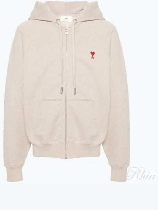 Small Heart Logo Cotton Zip Up Hoodie Light Beige - AMI - BALAAN 2