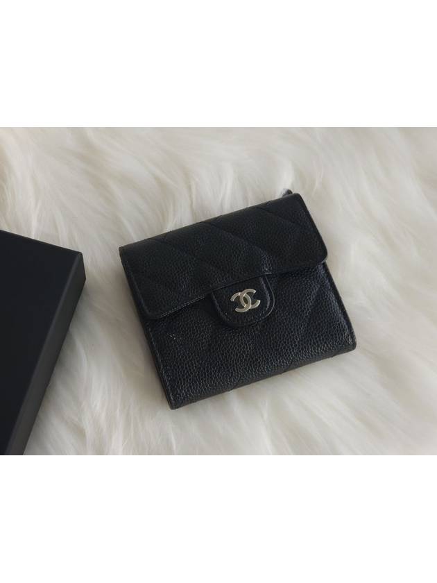 Small Classic Flap Wallet Grained Calfskin Silver Black - CHANEL - BALAAN 3