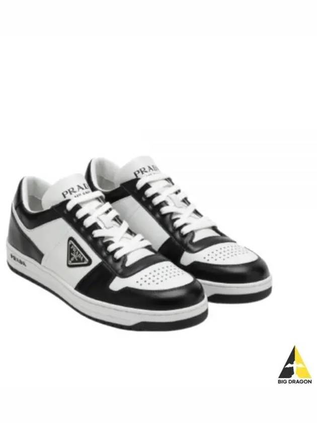 Men's Downtown Triangle Logo Leather Low Top Sneakers White Black - PRADA - BALAAN 2