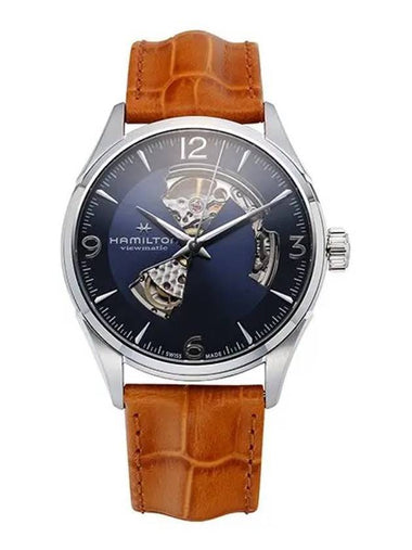 Jazzmaster Open Heart Leather Watch Blue Brown - HAMILTON - BALAAN 1