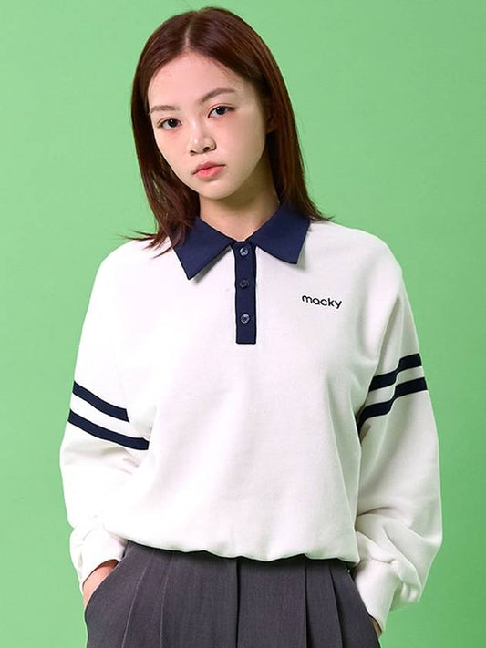 Line PK Sweatshirt Collar Long Sleeve T-Shirt White MCSS24TS2WH - MACKY - BALAAN 1