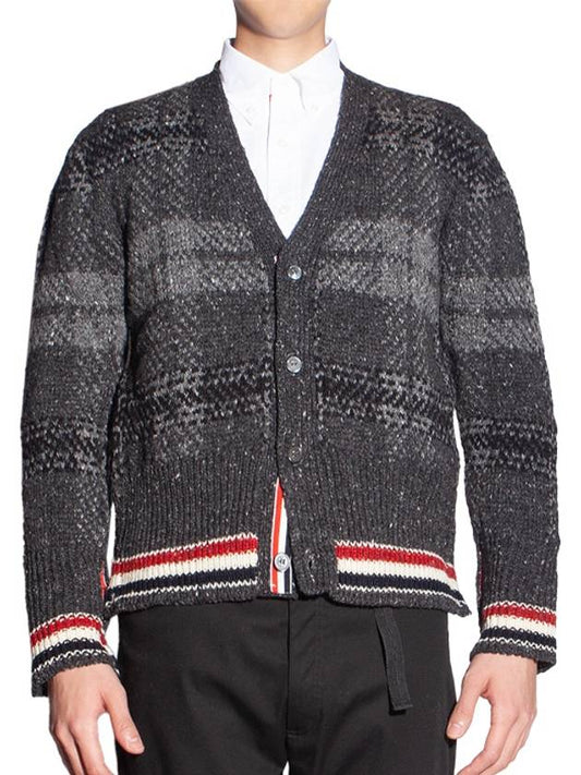 Donegal Tartan Stripe V-Neck Cardigan Grey - THOM BROWNE - BALAAN 2