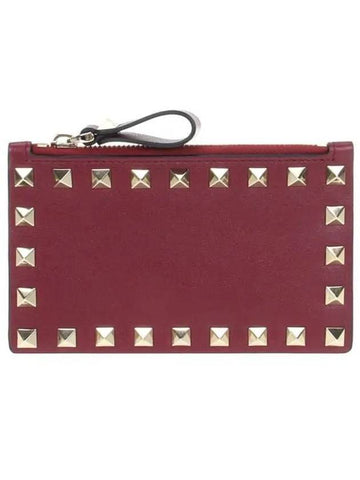 Rockstud Zipper Card Wallet Cerise - VALENTINO - BALAAN 1