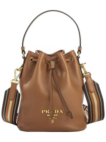 Vitello Phoenix Gold-Plated Logo Leather Bucket Bag Brown - PRADA - BALAAN 1