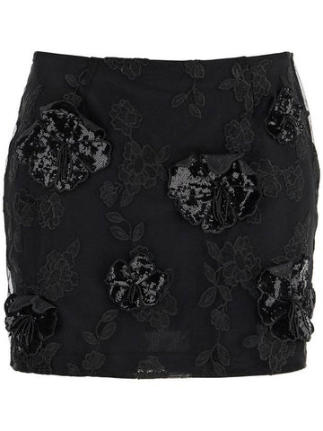 mini skirt in recycled black polyester mesh with floral pattern - ROTATE - BALAAN 1