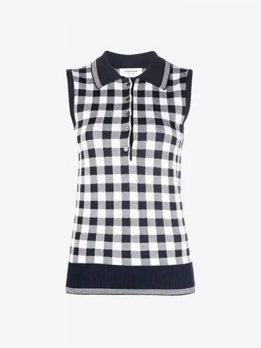 Gingham Silk Jacquard 4 Bar Polo Sleeveless Cardigan Navy - THOM BROWNE - BALAAN 2